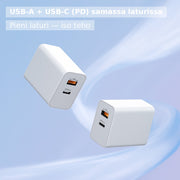USB-pikalaturi Type-C + USB-A + 1m kaapeli — EU-pistoke (valkoinen)