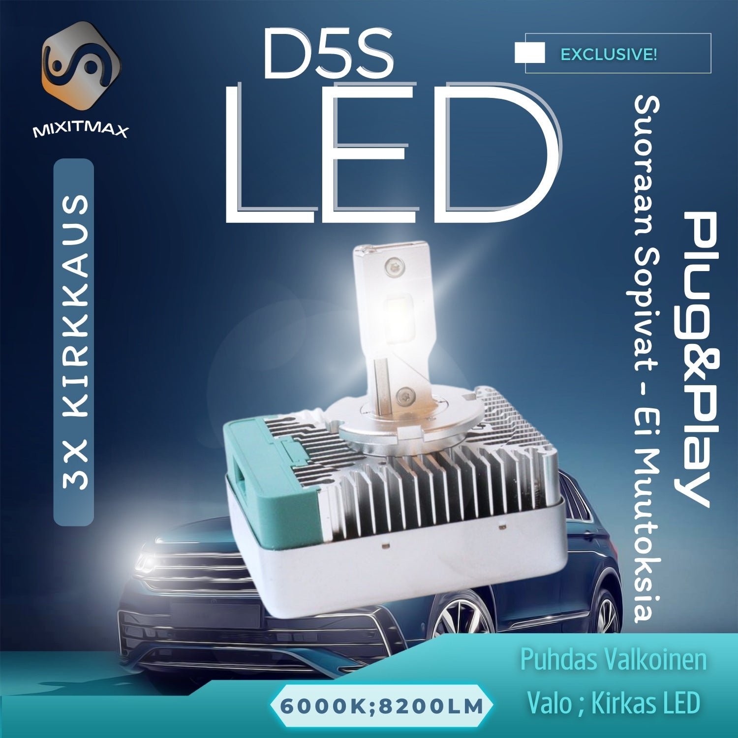 D5S LED Ajovalot ;8000lm TEHOPOLTTIMOT; 6000K Valkoinen Valo – MixITMaxOy
