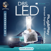 D8S LED Ajovalot ;8200lm TEHOPOLTTIMOT; 6000K Valkoinen Valo (2kpl sarja)